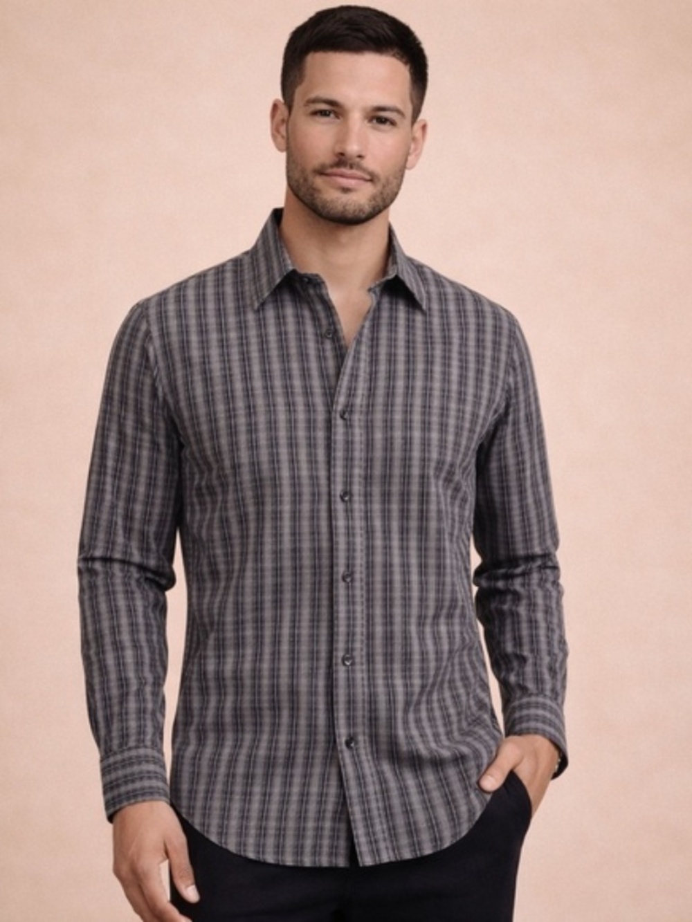 Pronto Uomo Mens Cotton Long Sleeve Button Down Shirt in Black & Gray